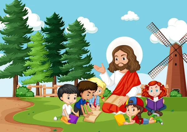 Jesus Children Park Illustration — Stock Vector