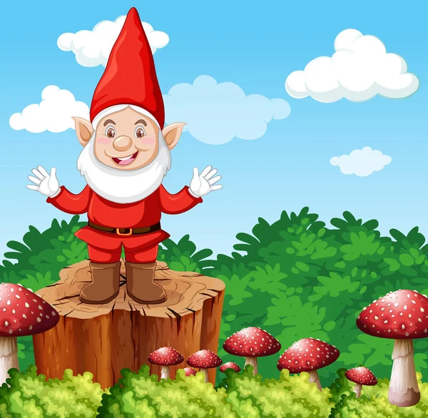 Gnome Sobre Stumpwith Cogumelo Jardim Fundo Ilustração —  Vetores de Stock