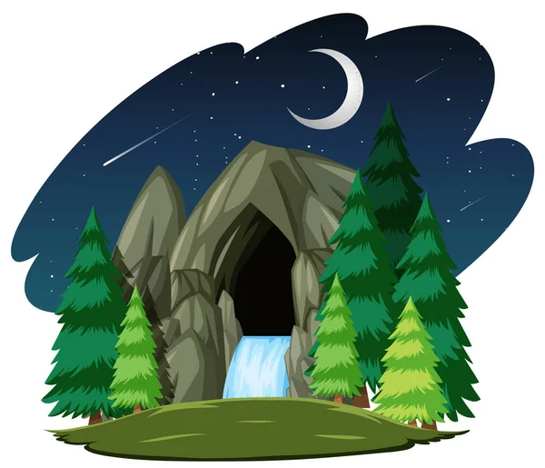 Stone Cave Night Scene Isolated White Background Illustration — Stock Vector