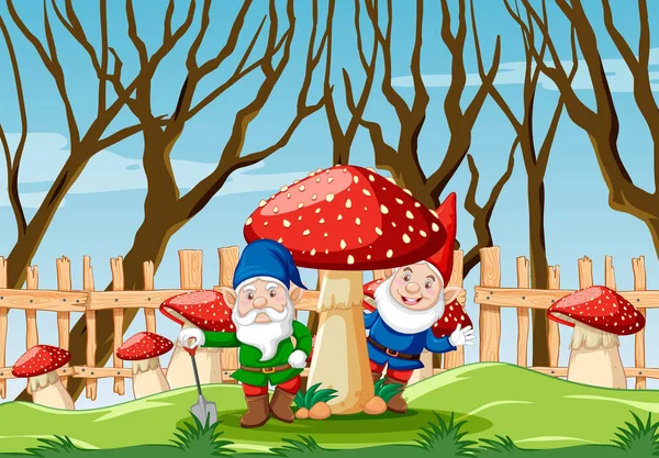 Gnome Grzybami Stylu Kreskówki Ogród Sceny Ilustracja — Wektor stockowy