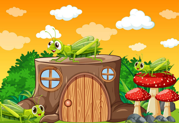 Three grasshoper living in the garden at daytime with stump house illustration