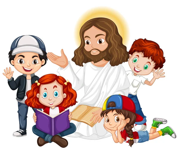 Jesus Predigt Vor Einer Kindergruppe Zeichentrickfigur Illustration — Stockvektor