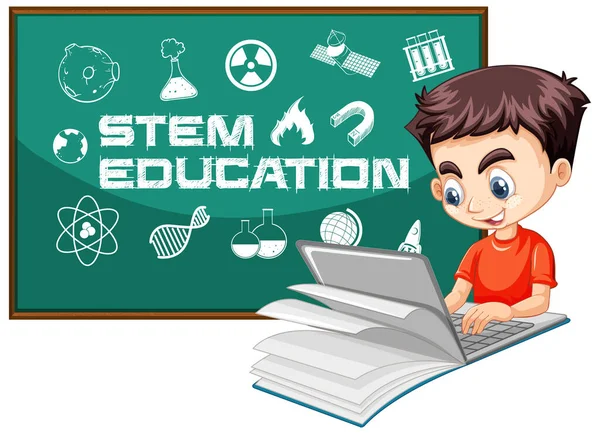 白い背景イラストに隔離されたステム教育のロゴ漫画スタイルでラップトップ上で検索男の子 — ストックベクタ