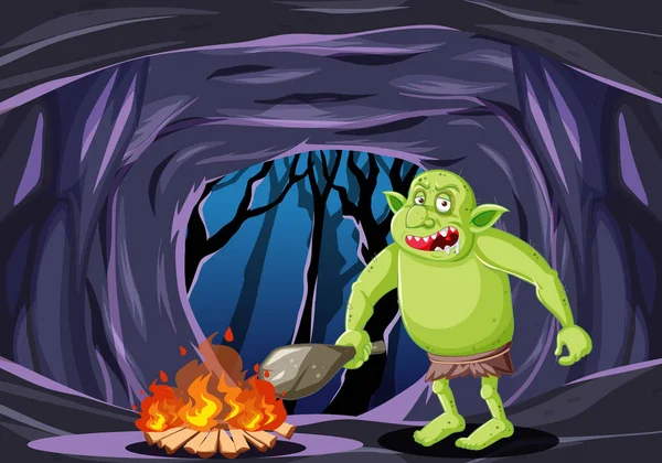 Goblin Trol Met Vuur Cartoon Stijl Donkere Grot Achtergrond Illustratie — Stockvector
