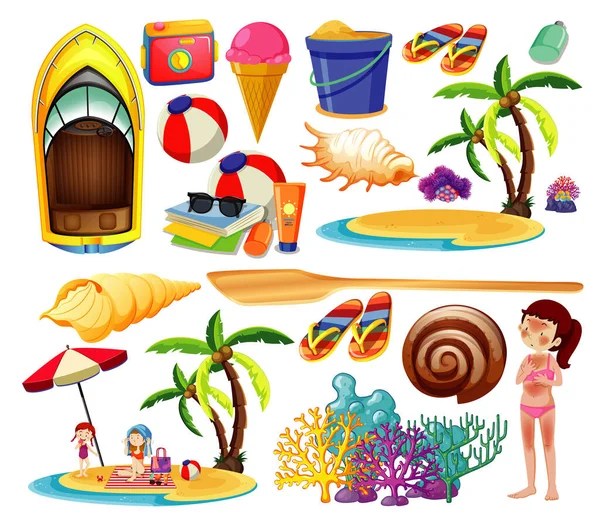 Set Summer Beach Icon Skin Burnt Cartoon Style White Background — Stock Vector