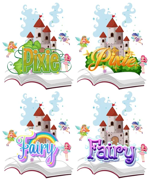 Set Fata Pixie Logo Con Piccole Fate Sfondo Bianco Illustrazione — Vettoriale Stock