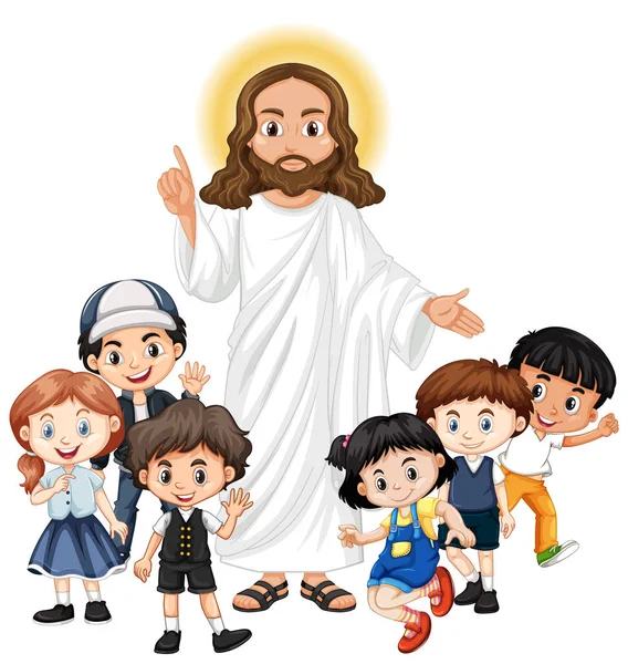 Jesús Con Grupo Niños Ilustración Personajes Dibujos Animados — Vector de stock