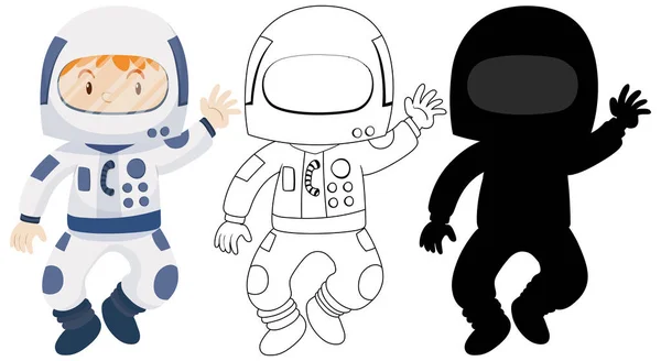 Srác Űrhajós Jelmezt Visel Körvonalaival Sziluett Illusztrációjával — Stock Vector