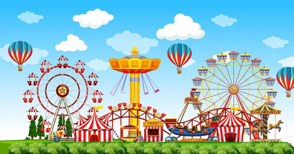 Vergnügungspark Szene Tag Mit Luftballons Himmel Illustration — Stockvektor