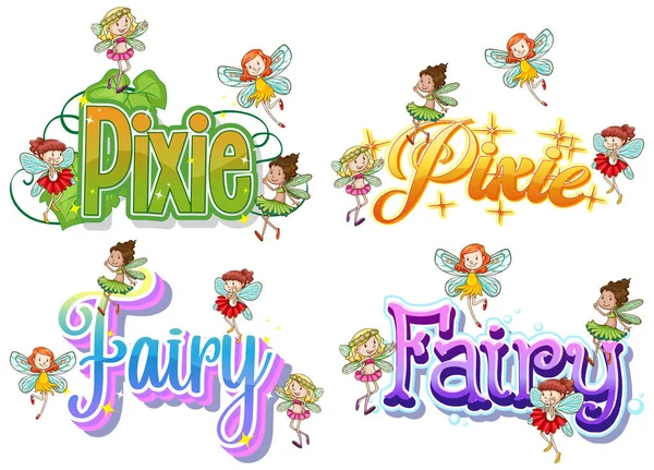 Ensemble Fées Logo Pixie Avec Petites Fées Sur Fond Blanc — Image vectorielle