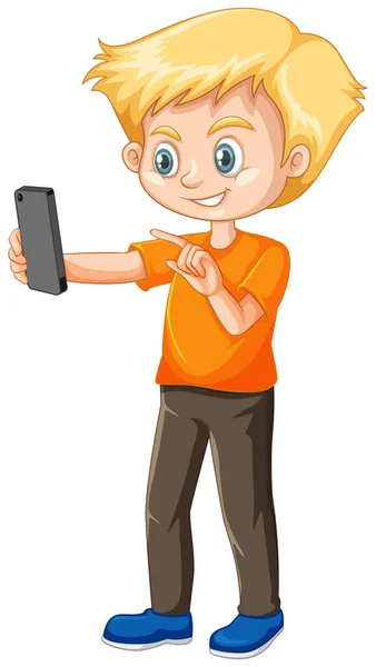 Menino Camisa Laranja Usando Personagem Desenho Animado Telefone Inteligente Isolado — Vetor de Stock