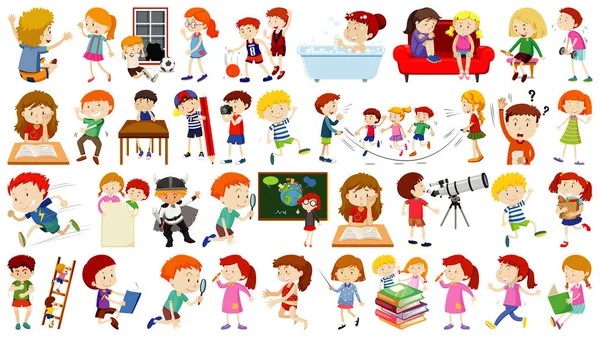 Conjunto Niños Lindos Ilustración Personajes Dibujos Animados — Vector de stock