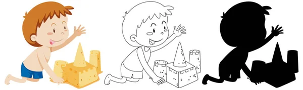 Мальчик Строит Песочный Замок Очертаниями Силуэтами — стоковый вектор