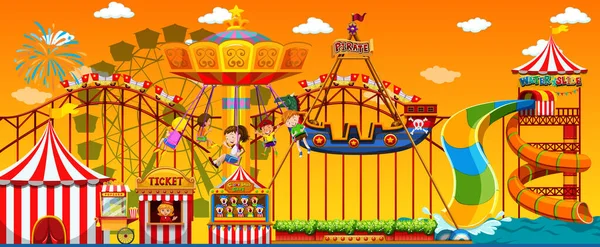 Escena Del Parque Atracciones Durante Día Con Ilustración Del Cielo — Archivo Imágenes Vectoriales