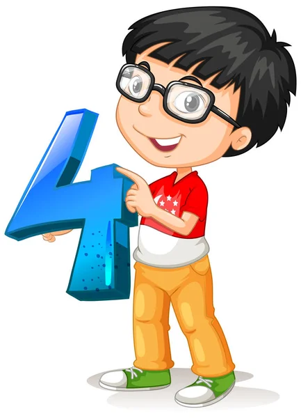 Nerdy Boy Wearing Glasses Holding Math Number Four Illustration — Stock Vector