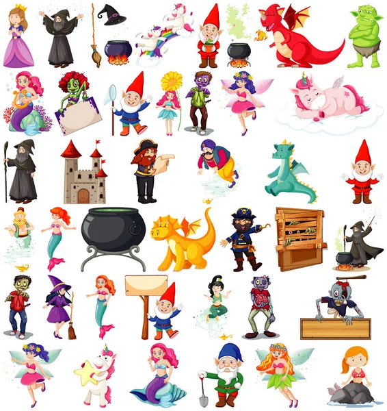 Set Fantasy Cartoon Characters Fantasy Theme Isolated White Background Illustration — Stock Vector