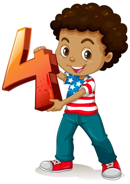 Garçon Américain Tenant Maths Numéro Quatre Illustration — Image vectorielle