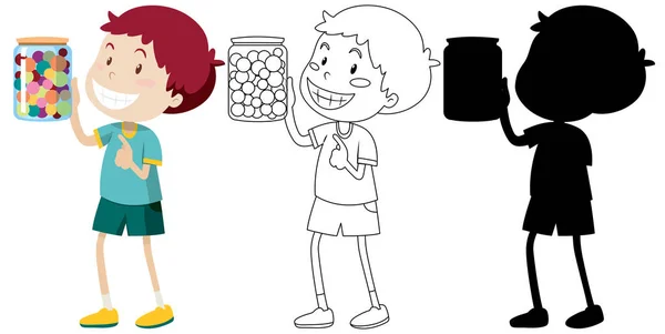 Niño Sosteniendo Tarro Caramelo Color Contorno Silueta Ilustración — Vector de stock