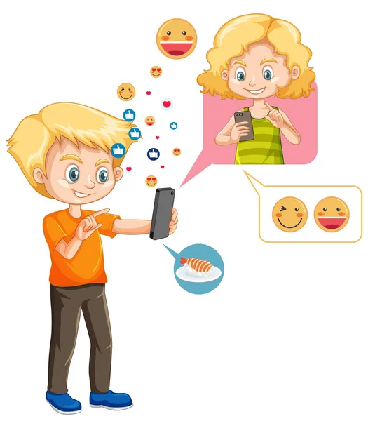 Menino Conversando Com Amigo Smartphone Com Emoji Ícone Desenho Animado —  Vetores de Stock