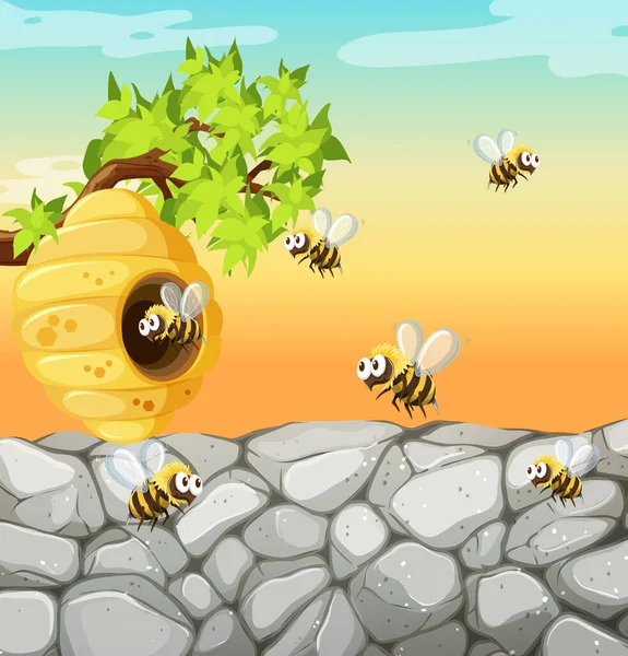ハニカムイラストで庭のシーンに住んでいる多くの蜂 — ストックベクタ