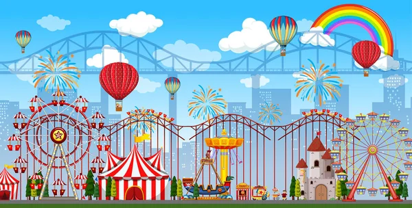 Scena Parku Rozrywki Dzień Tęczą Balonami Niebie Ilustracja — Wektor stockowy