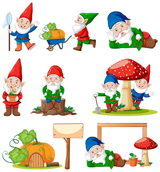 Set Med Gnome Med Trädgård Verktyg Isolerad Vit Bakgrund Illustration — Stock vektor