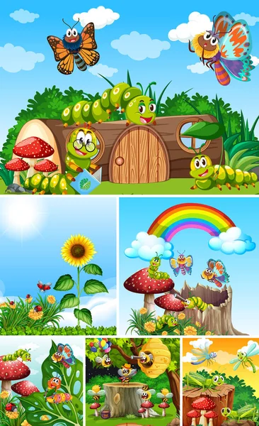 Bahçe arka planında yaşayan bir grup farklı böcek.