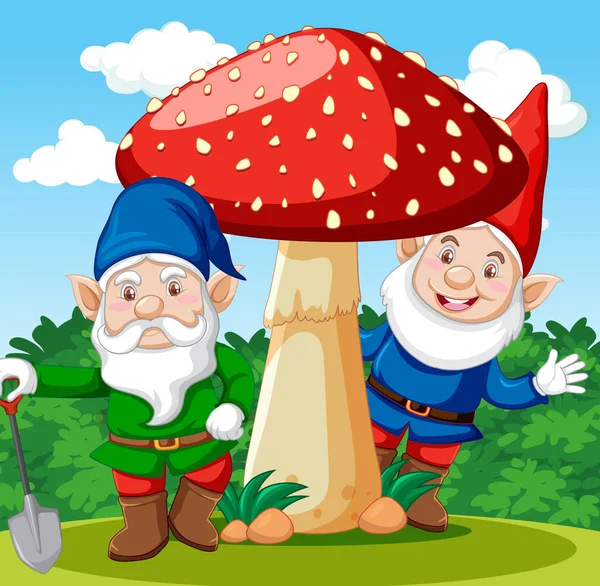 Gnomos Com Personagem Desenho Animado Cogumelo Fundo Jardim Ilustração —  Vetores de Stock