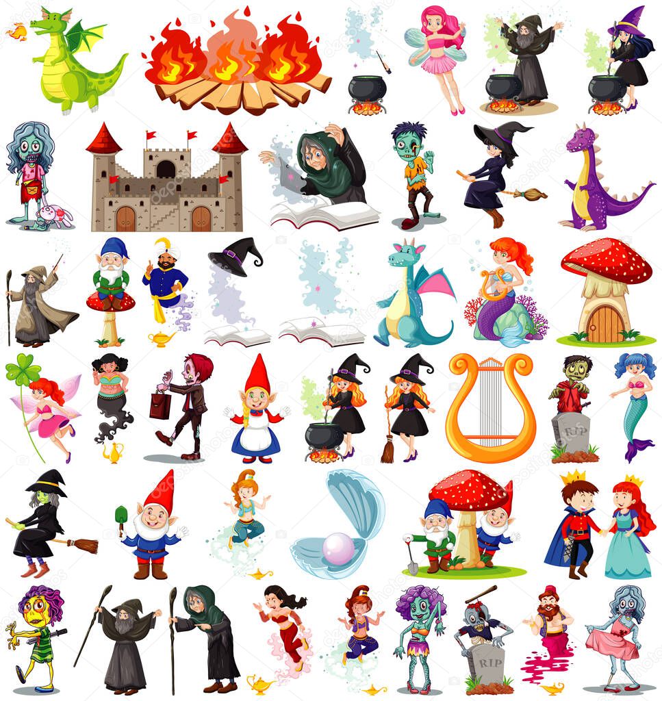 Set of fantasy cartoon characters and fantasy theme isolated on white background illustration