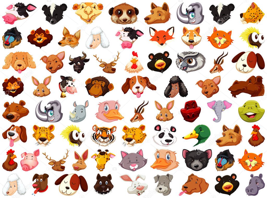 Set of different cute cartoon animals head huge isolated on white background illustration