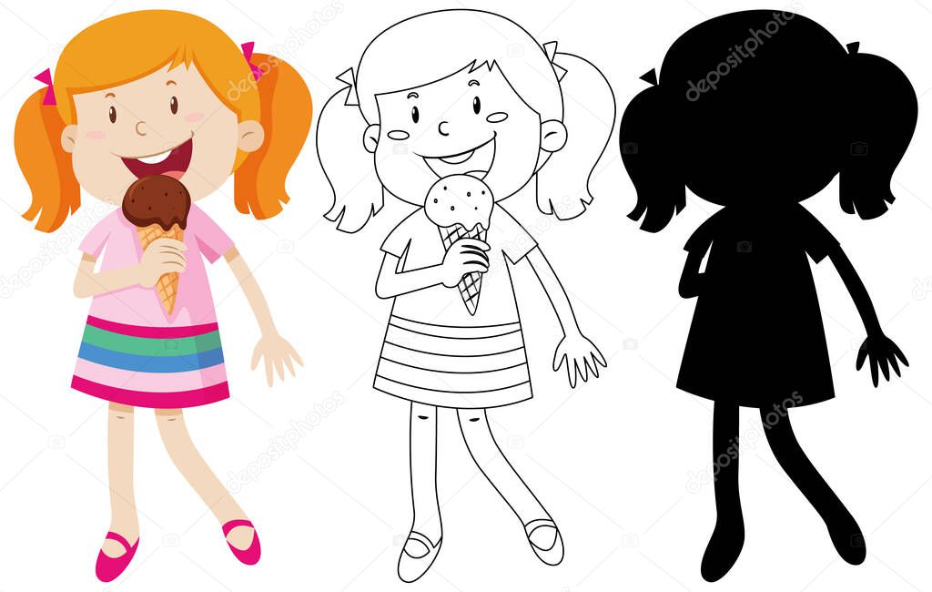 Girl eating ice cream in colour and silhouette and outline illustration