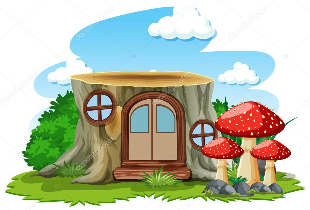 Stump house with mushroom in cartoon style on white background illustration