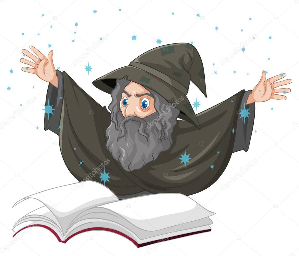 Old wizard with spell and book cartoon style isolated on white background illustration