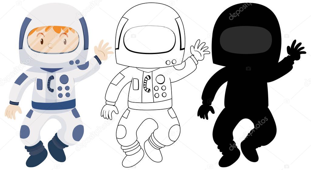 Kid wearing astronaut costume with its outline and silhouette illustration