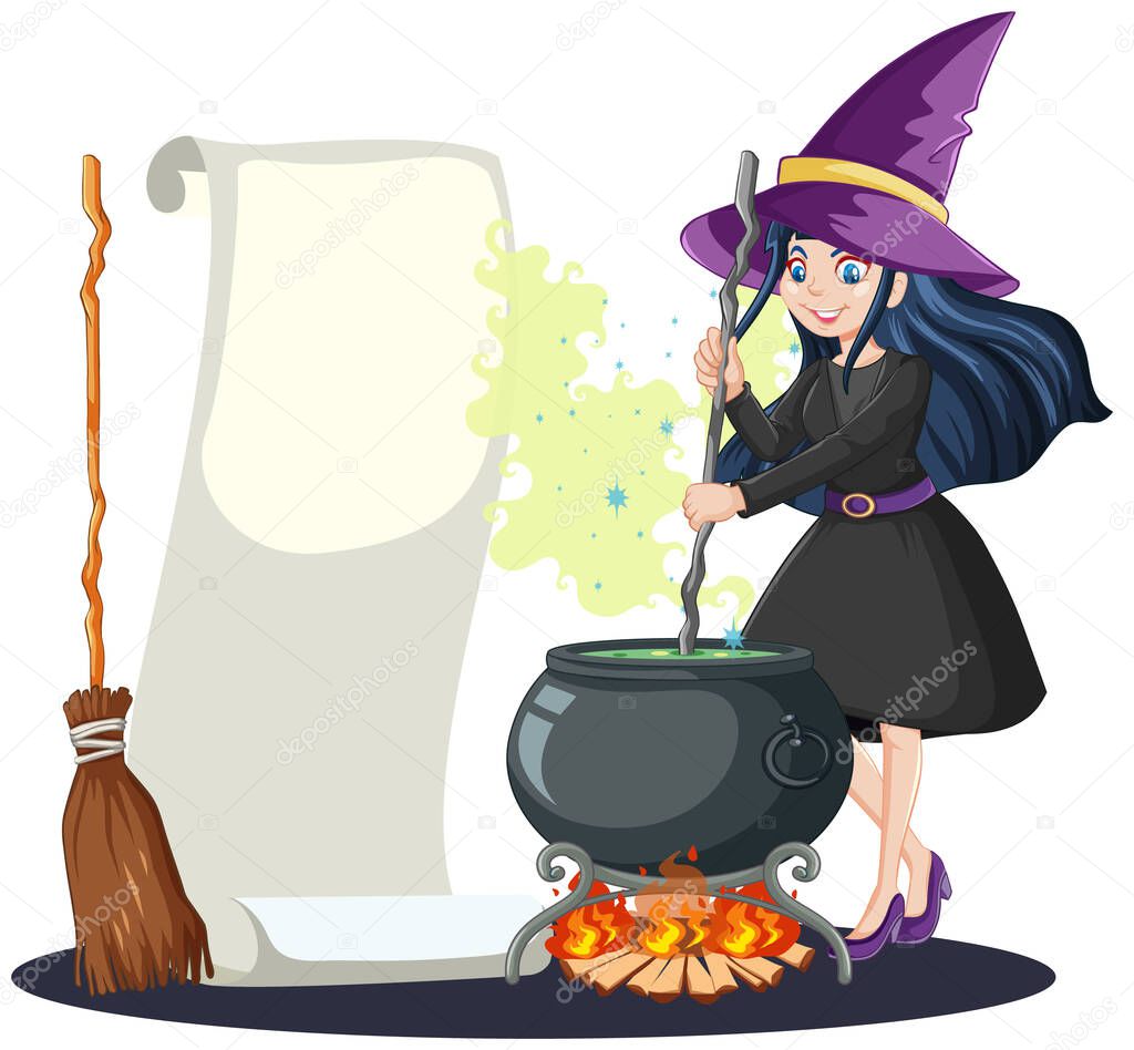 Young beautiful witch with black magic pot and broomstick and blank banner paper cartoon style isolated on white background illustration