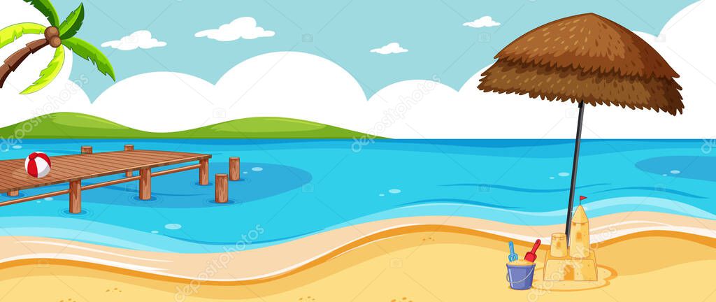 Blank landscape in nature beach scene with some beach icons and blank sky illustration