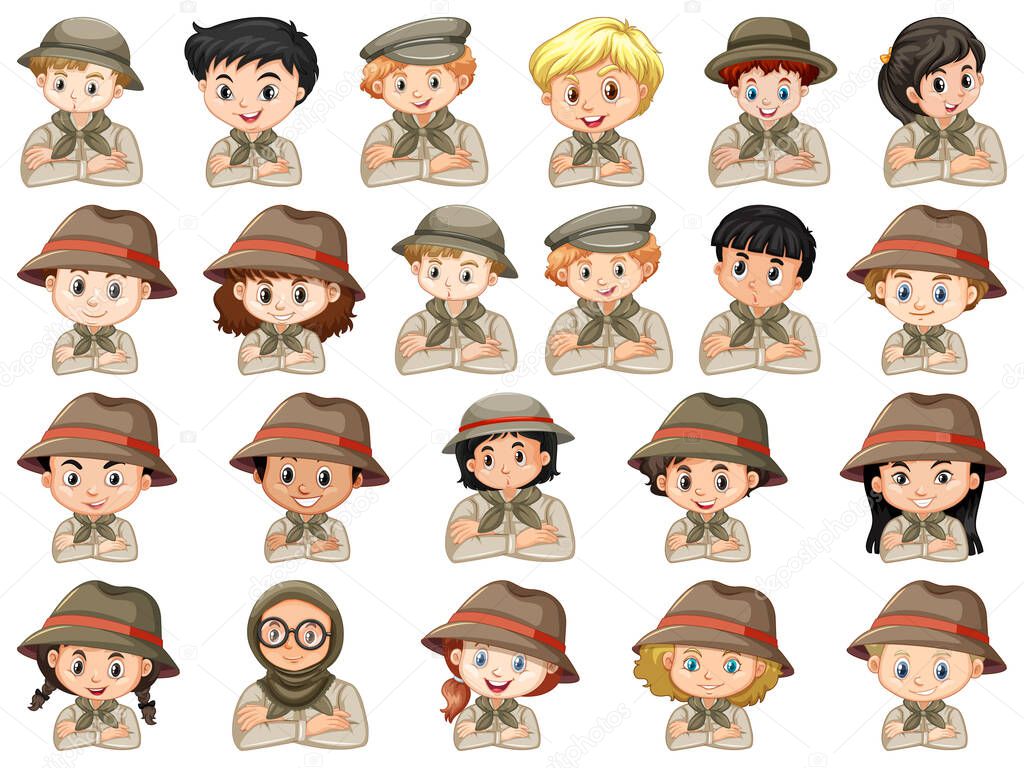 Set of different characters of boys and girls scout costume on a white background illustration