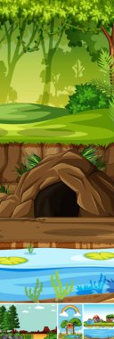 Doğada dört farklı sahne çizgi film stili çizimi