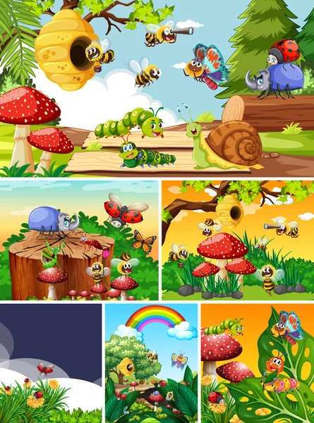 Bahçe arka planında yaşayan bir grup farklı böcek.