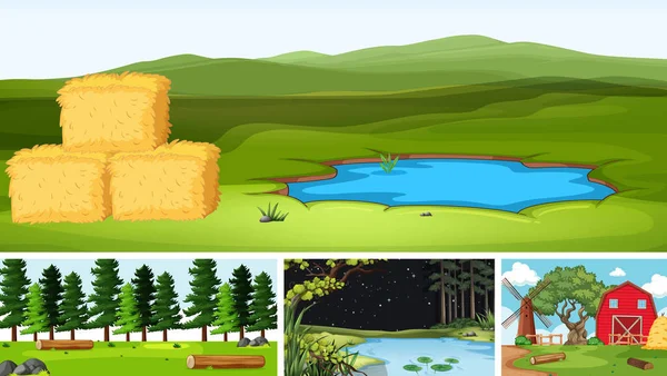 Quatre Scènes Différentes Dans Cadre Nature Illustration Style Dessin Animé — Image vectorielle
