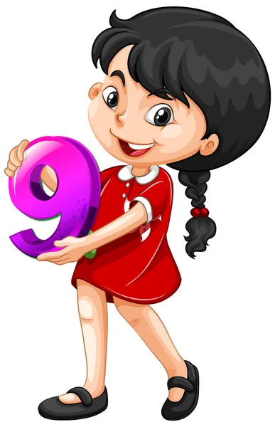 Asian Girl Holding Math Number Nine Illustration — Stock Vector