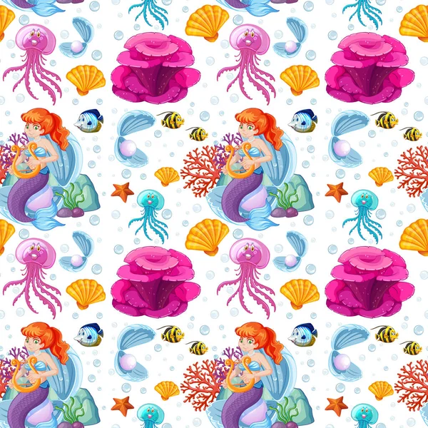 Seamless Sea Animals Semaid Cartoon Style White Background Illustration — Vetor de Stock