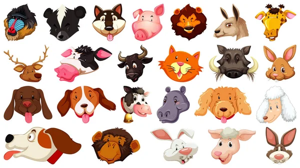 Conjunto Diferentes Animais Bonitos Desenhos Animados Cabeça Enorme Isolado Fundo —  Vetores de Stock