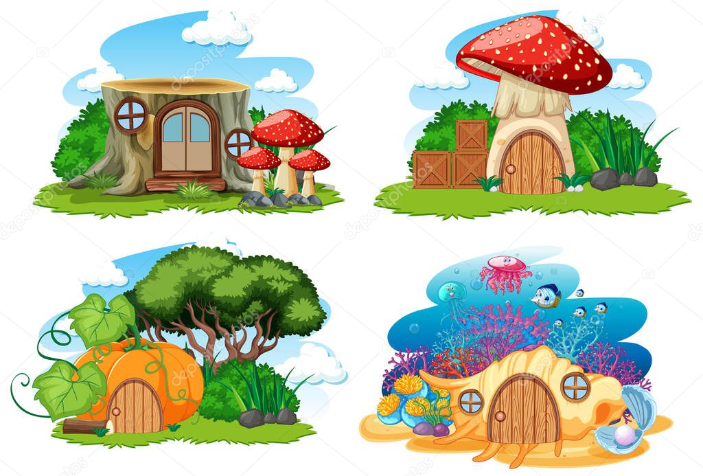 Set of isolated gnome fairy tale houses cartoon style on white background illustration