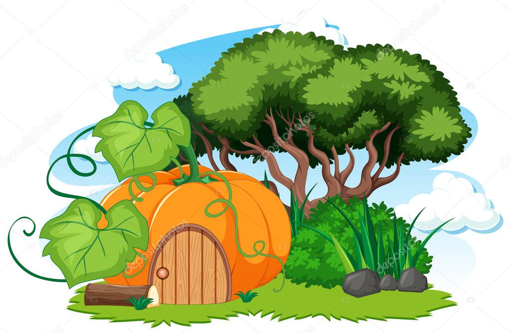Pumpkin house and some grass cartoon style on white background illustration