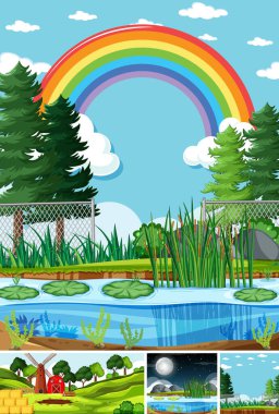 Doğada dört farklı sahne çizgi film stili çizimi