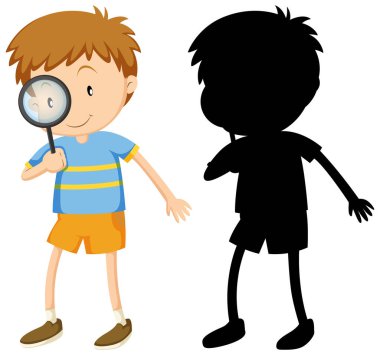 Boy with magnifying glass in color and silhouette illustration clipart