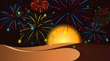 Çölde havai fişek gösterimi var.