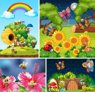 Bahçe arka planında yaşayan bir grup farklı böcek.