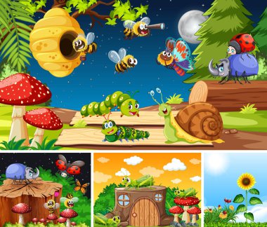 Bahçe arka planında yaşayan bir grup farklı böcek.